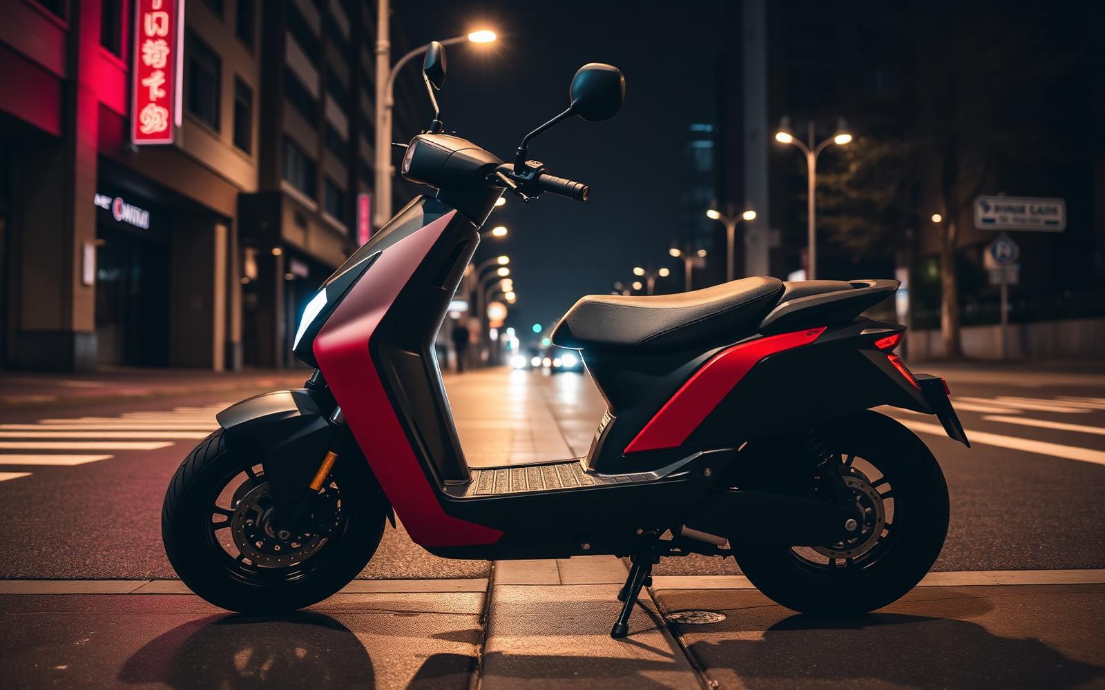Completed custom electric scooter build on a city street at night