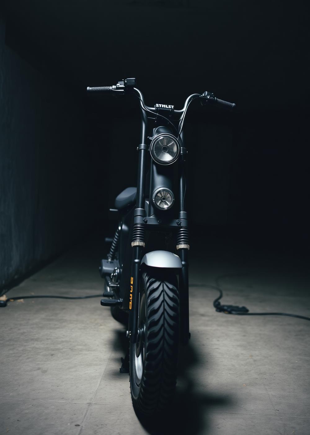 Front view of a customized step-through electric scooter in a dark garage
