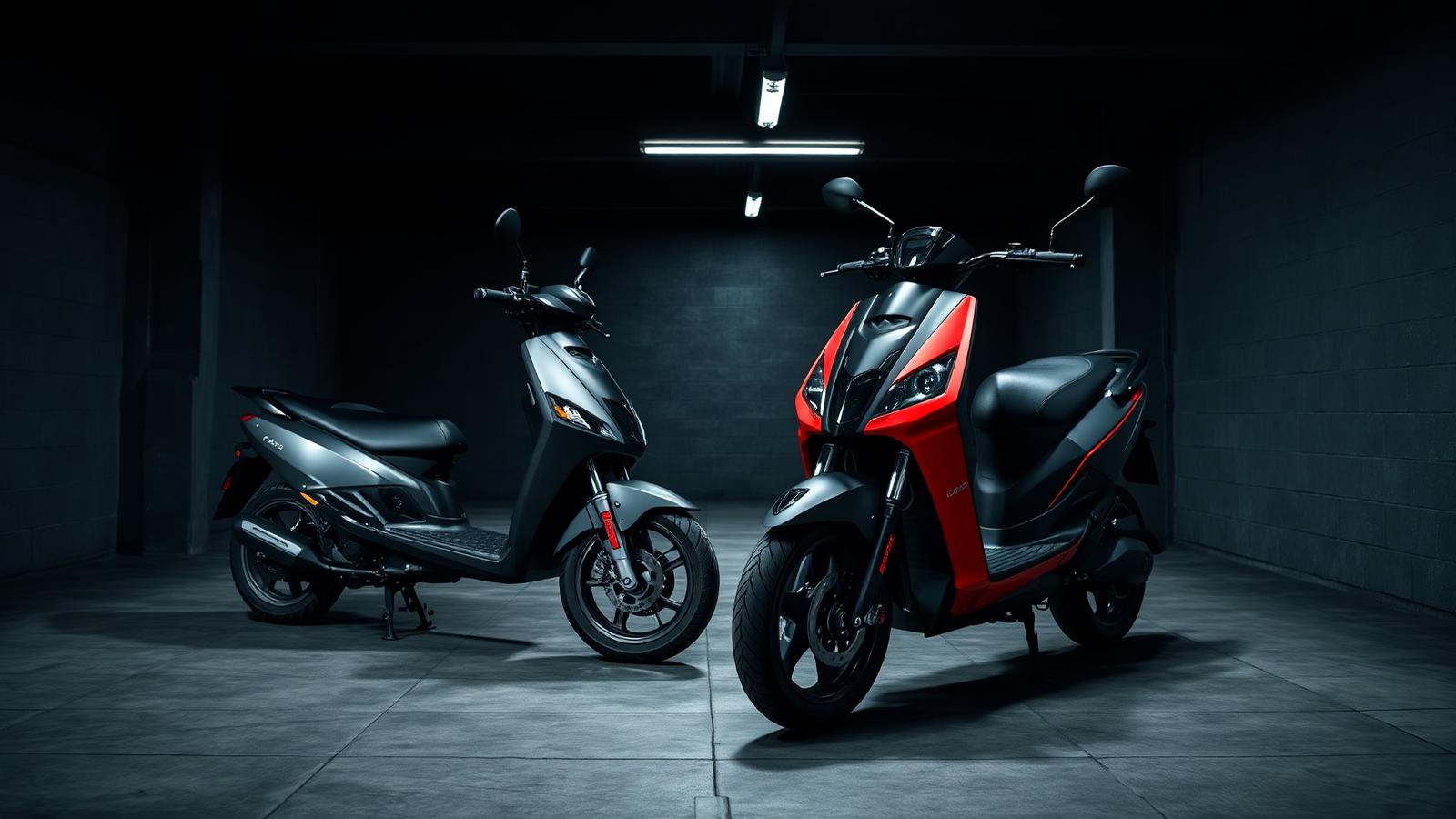 Two scooter-style electric bikes side by side, one stock and one upgraded
