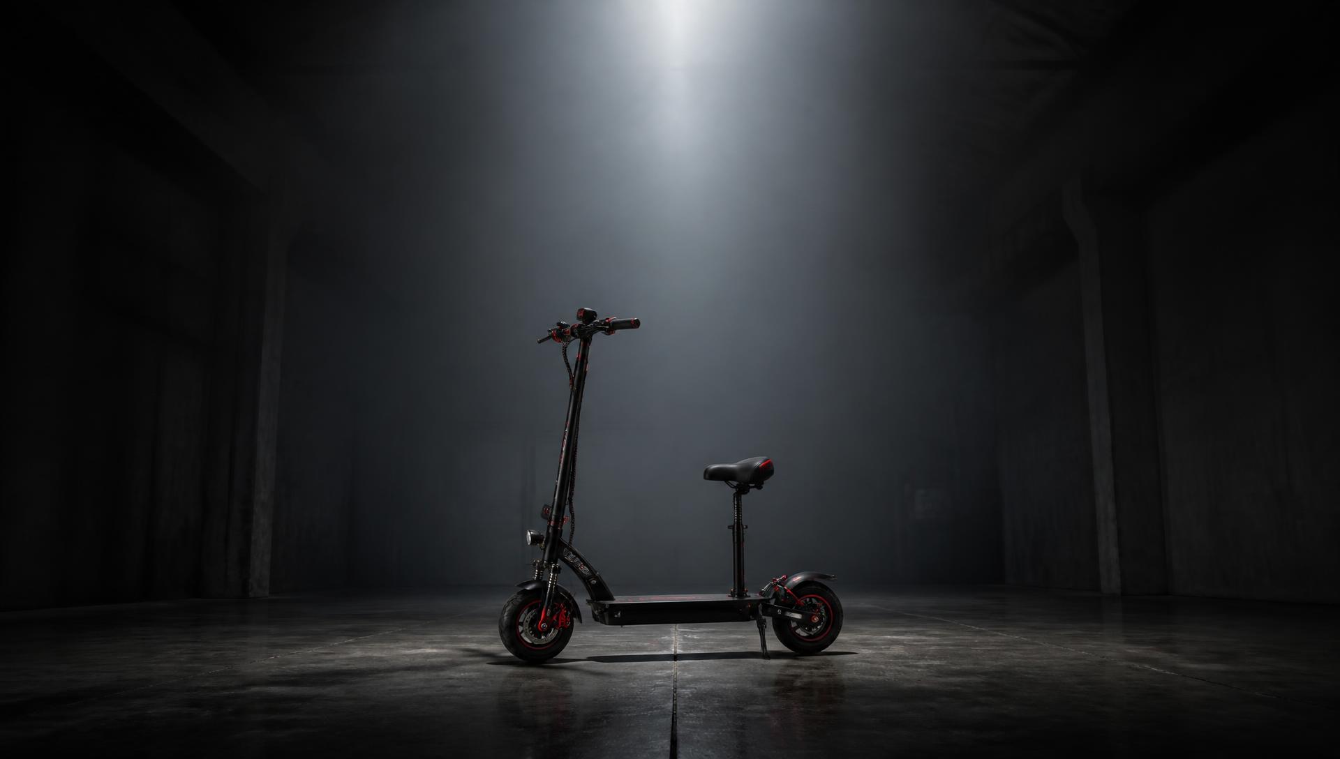Finished custom electric scooter under a single beam of light