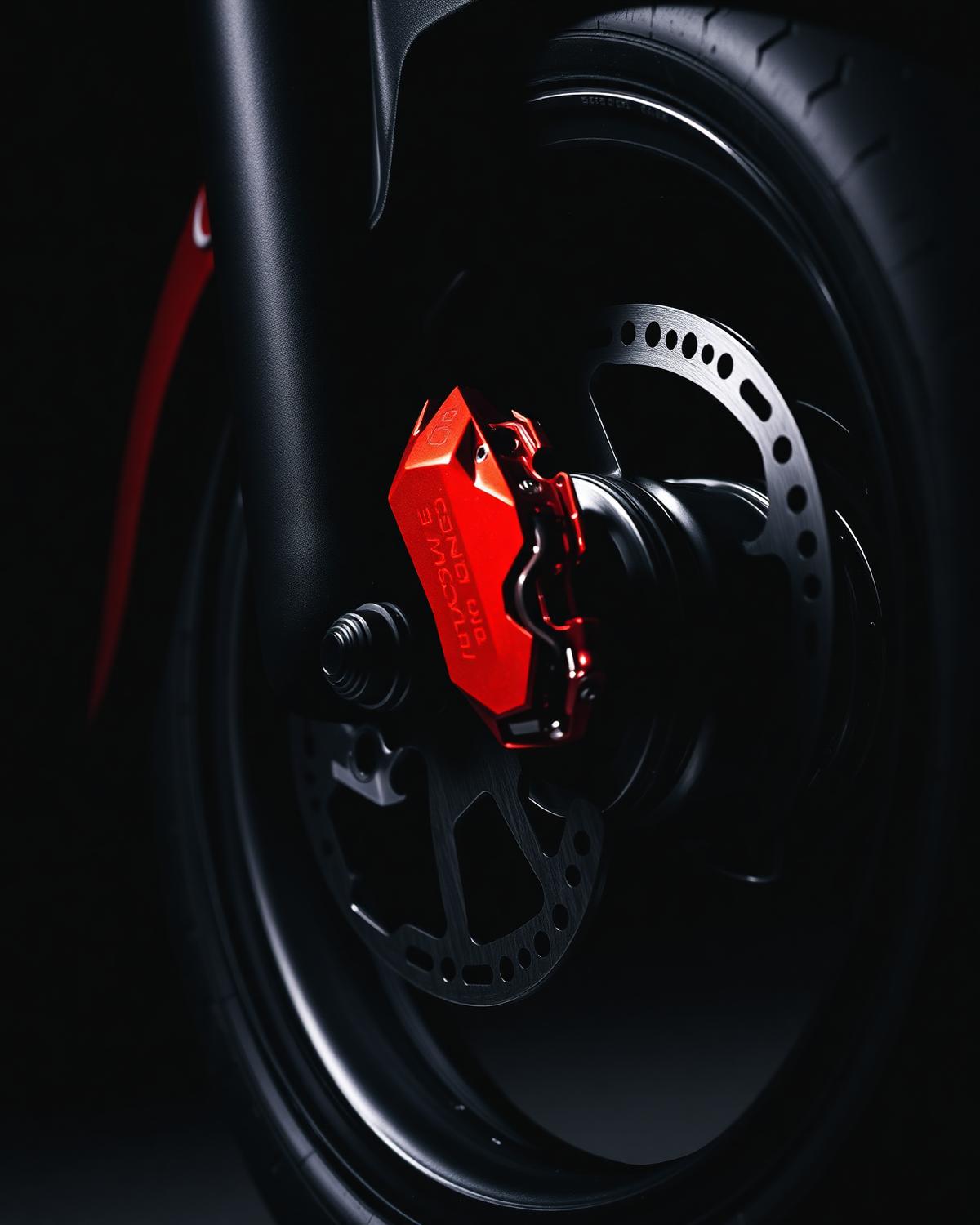 Red brake caliper and disc fitted to a custom electric scooter wheel
