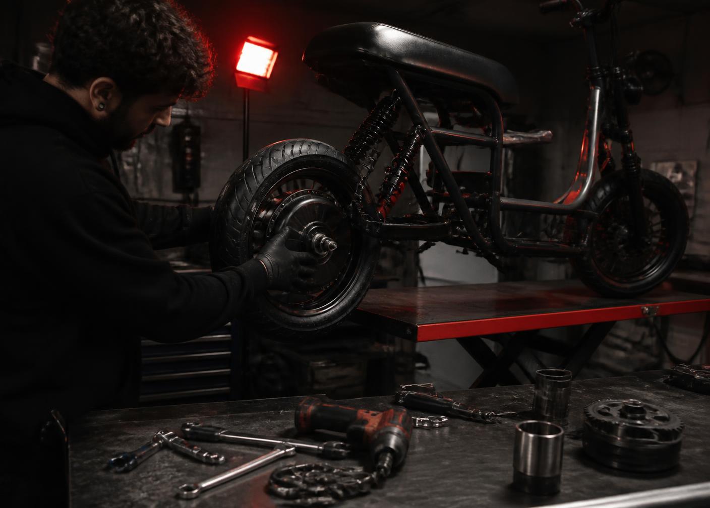 JJNP technician fitting a hub motor wheel to a scooter-style electric bike